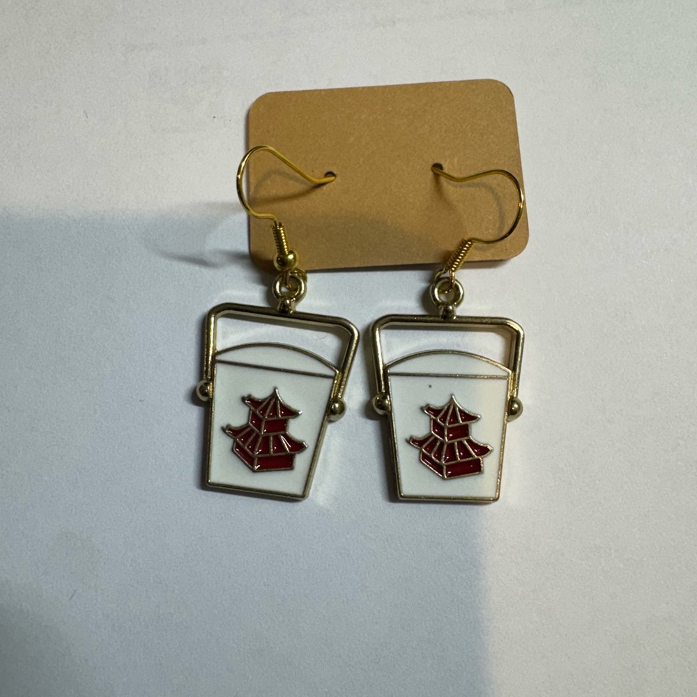 Gold-Tone White & Red Takeout Bucket Dangle Earrings